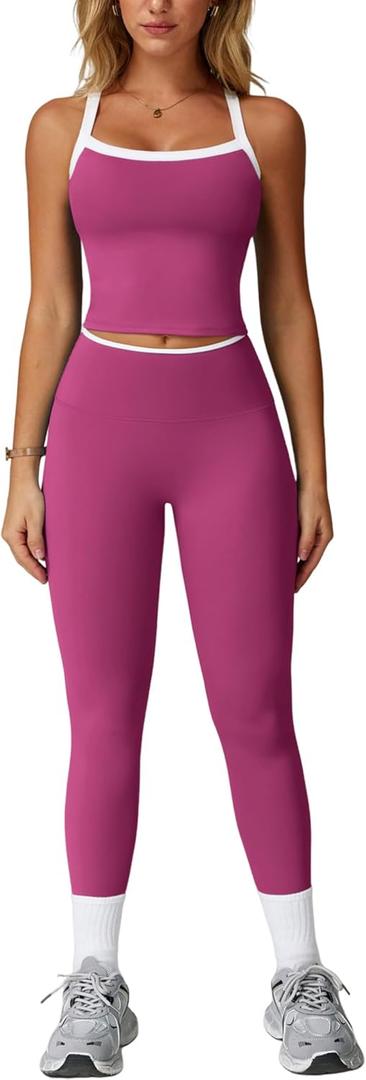 QBGJTD Womens Workout Sets Two Piece Cross Back Tank Top Matching High Waist Leggings Sets Gym Outfits Work Out Clothes (Medium, Colorblock Rose Red)