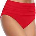 Tempt Me Women's High Waisted Bikini Bottom Tummy Control Ruched Bathing Suit Swim Bottom (Red, M)