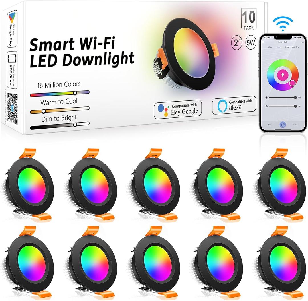 inShareplus 2 Inch Smart Recessed Lighting 10 Pack, 5W WiFi RGB LED Downlight 2700-6500K Dimmable, Color Changing, Black Trim, Alexa Google Compatible, with LED Driver, 120V Ceiling Lights (Corlorful)