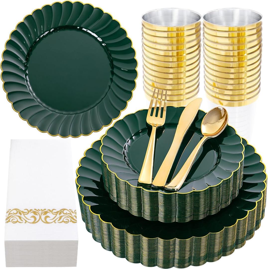 YOUBET 175PCS Green Scalloped Plastic Plates - Green and Gold Disposable Dinnerware Set Include 50 Plates, 75 Gold Silverware, 25 Cups, 25 Napkins for Party & Wedding
