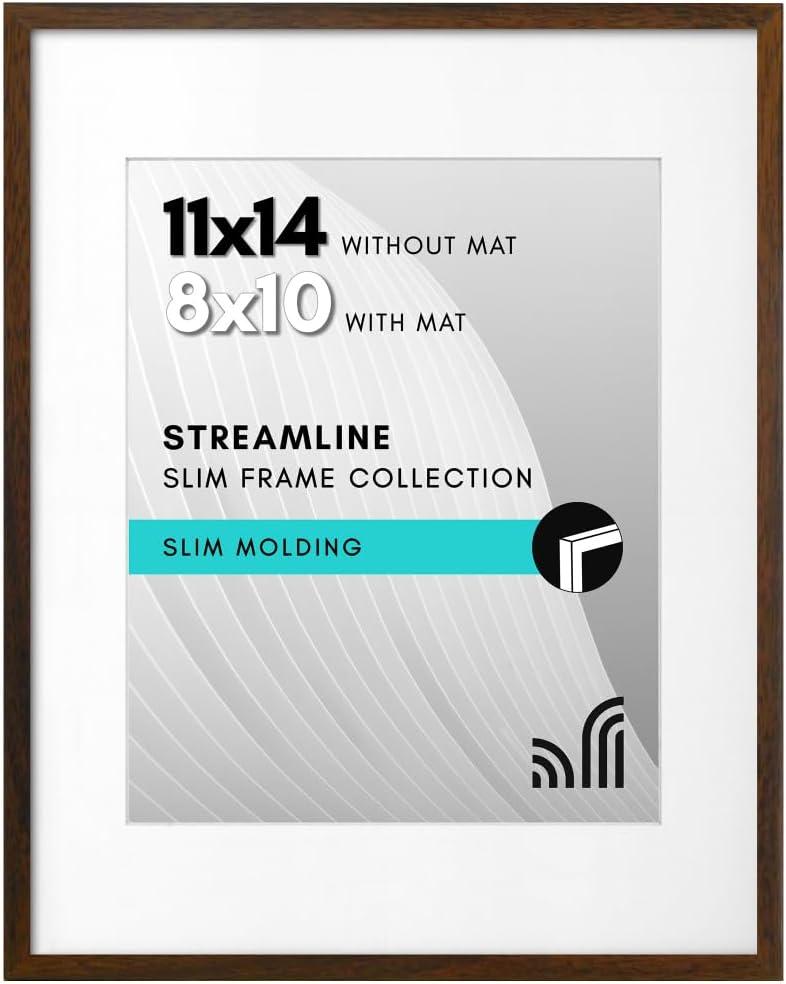 Americanflat 11x14 Picture Frame with Shatter-Resistant Glass - Use as 8x10 Frame with Mat or Display 11x14 Photo Without Mat - Streamline Collection - Thin Border Picture Frames for Wall - Walnut