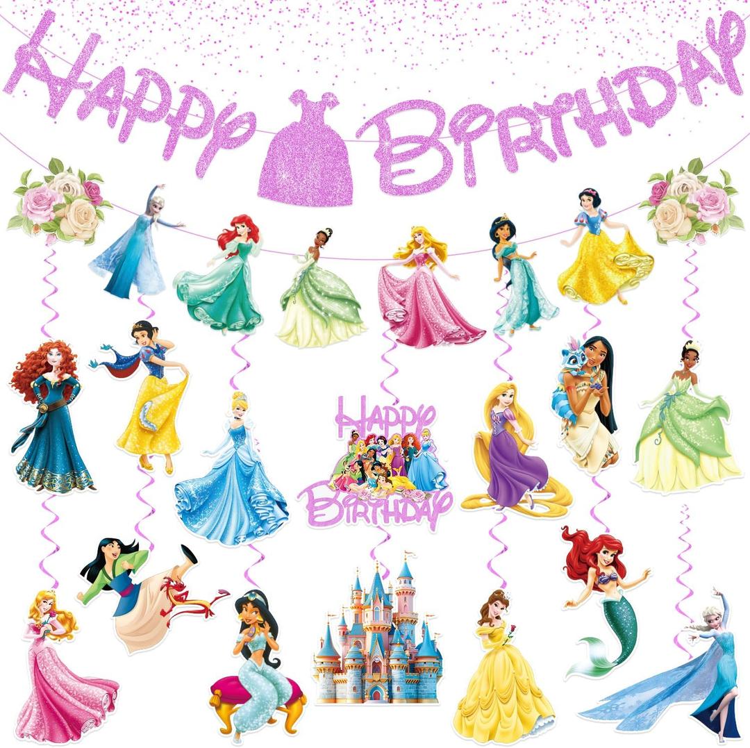 Princess Birthday Party Decorations Include 1pc Glitter Happy Birthday Banner,1pc Princess Banner and 14pcs Cute Hanging Swirls for Girls, Pre-Assembled Party Decorations