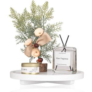 Round Decorative Tray Wood Bathroom Counter Organizer Farmhouse Kitchen Decor Wooden Riser for Soap Dish, Perfume, Candle, Sponge, 10" - White