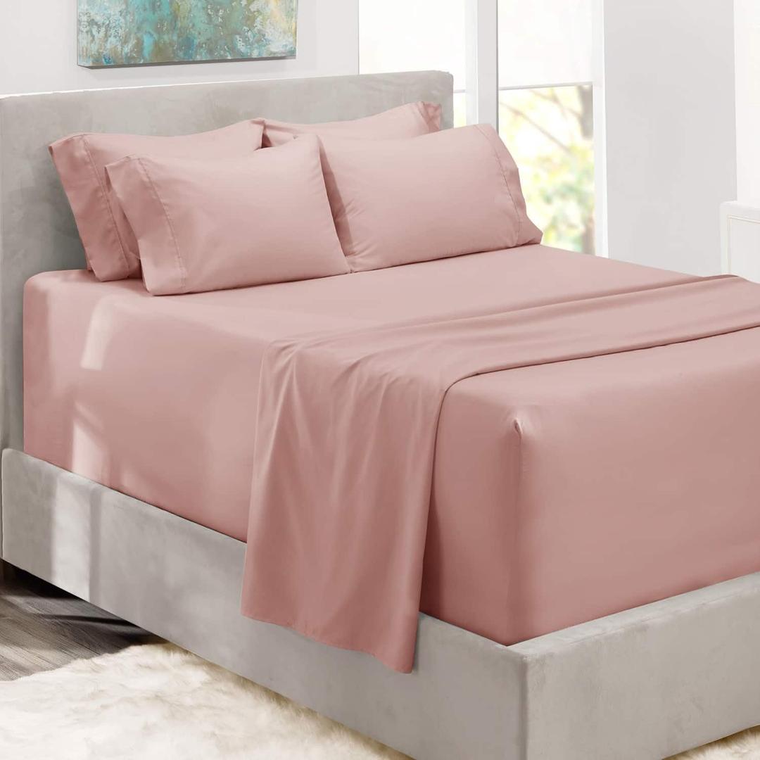 Hearth & Harbor Bed Sheets, Luxury Soft 6 Piece Bed Sheet Set Extra Deep Pocket Fitted Sheets Fits Mattress up to 21", Double Brushed Bedding Sheets & Pillowcases, (Queen, Peach Pink)