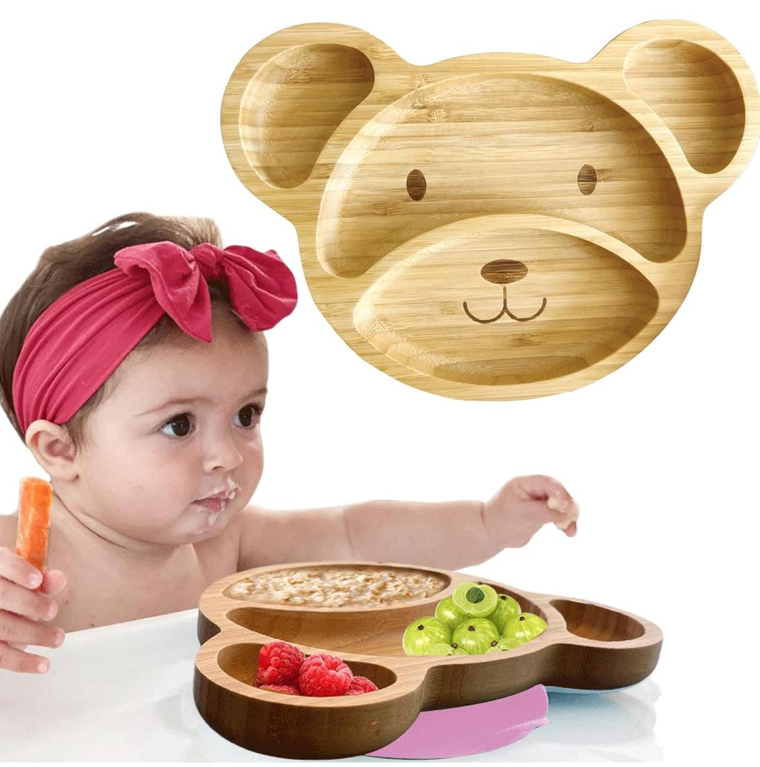 Bamboo Plates for Kids - Baby & Toddler Plates with Suction for Feeding & Weaning, Eco-Friendly Bear Design Promotes Self-Feeding, Ideal for Busy Moms & Dads, Sturdy & BPA-Free (Pink)