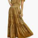 R.Vivimos Women's Fall Winter Vintage Velvet Dress Short Sleeve V Neck Elastic Waist Tiered Ruffle A-Line Flowy Maxi Dress, S