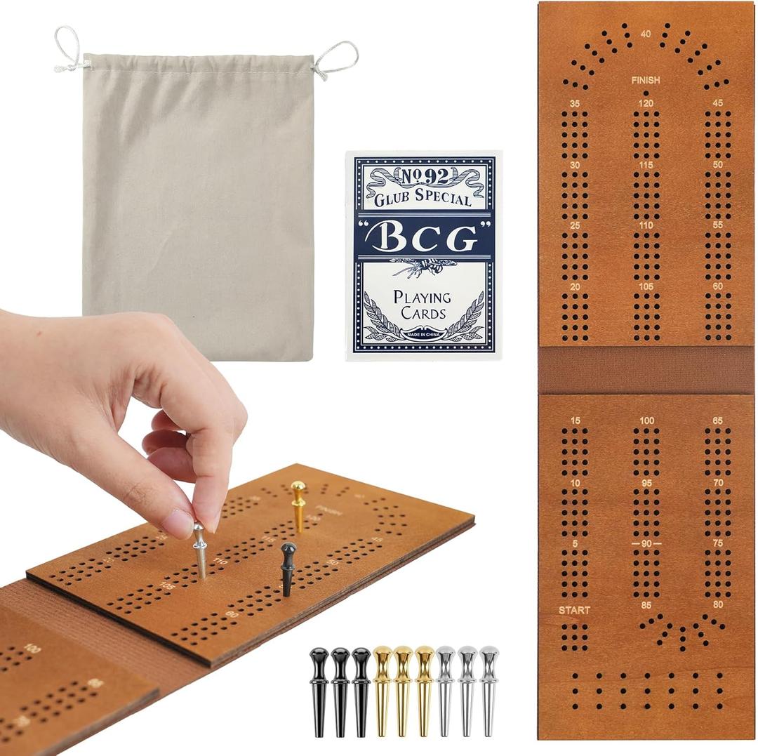 Travel Cribbage Board Game with Leather Finish - Tiny Portable Size, Solid Structure, 3-Track Card Game Board for Travel & Daily Play