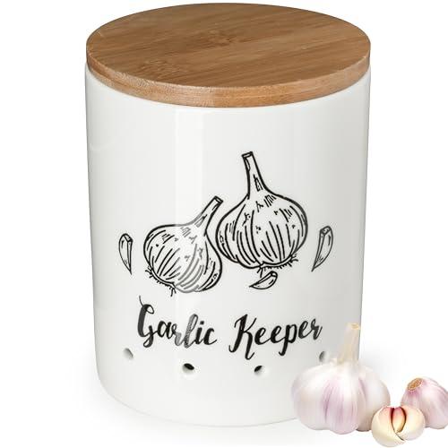 LYEOBOH Garlic Keeper, Garlic Storage, Garlic Holder, Large Ceramic Garlic Keeper with Wooden Lid, Garlic Jar, Garlic Storage Container, White