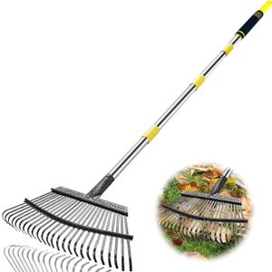 Rake Heavy Duty 6FT Long Garden Rake , 18.5 Inch Wide Leaf Rake for Lawns, 25 Metal Tines, Adjustable Stainless Steel Handle, Rakes for Leaves, Yards, Grass, Garbage, Weeds, Debris (Yellow)