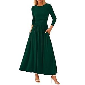 PRETTYGARDEN Women's Spring Casual Long Sleeve Maxi Dresses Crewneck Ruched A Line Flowy Elegant Modest Going Out Dress (Dark Green, X-Small)