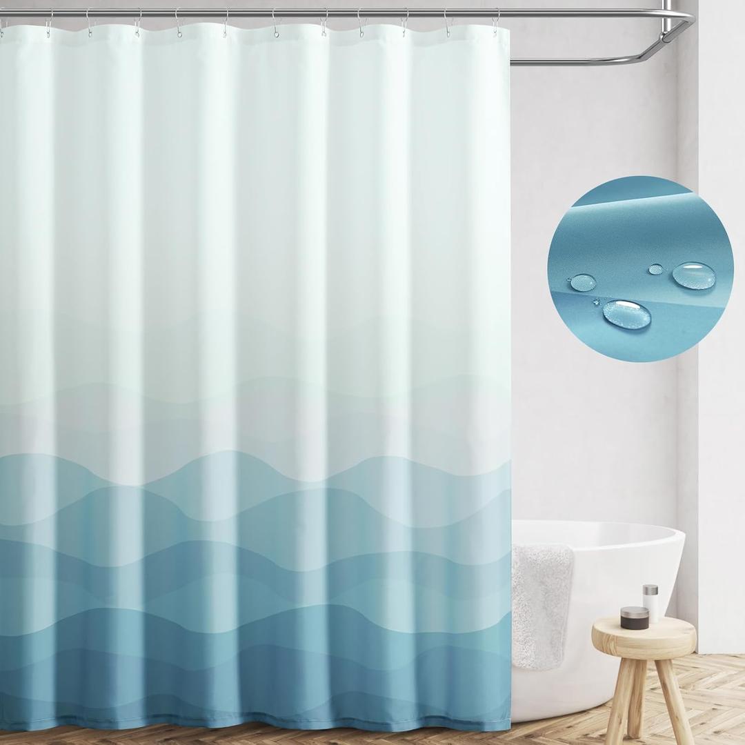 jinchan Ombre Light Blue Ocean Wave Shower Curtain Waterproof Fabric Shower Curtains for Bathroom Gradual Color Design Nautical Coastal Beach Bath Decor with 12 Hooks 70x72 Inches