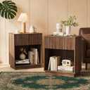 Fluted Nightstands Set of 2, Modern Bedside Table with Storage Drawer and Open Wood Shelf, Wood End Table Mid Century Night Stands for Bedroom Living Room Sofa Couch Office Walnut Brown, 24 inches x 19 inches x 12 inches
