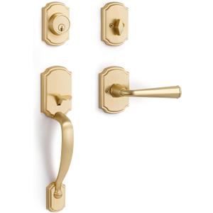 1 Pack Gold Front Door Handle and Deadbolt Set Reversible Brushed Brass Lever Entry Lock Handleset with Key Single Cylinder