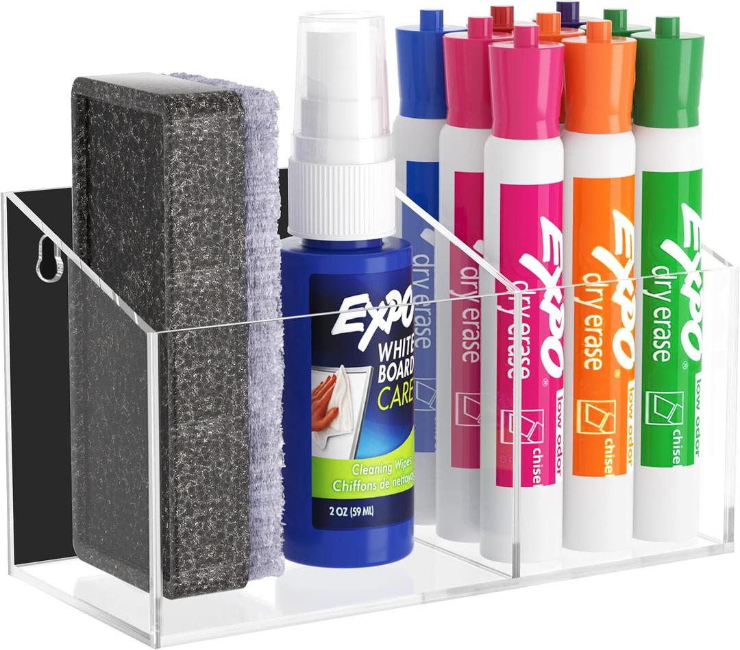 HBlife Magnetic Dry Erase Marker Holder for Whiteboard with 2 Compartments, Acrylic Wall Mount Magnet Pen Pencil Holder for Refrigerator, Locker Organizer Accessories for Classroom Office, Clear