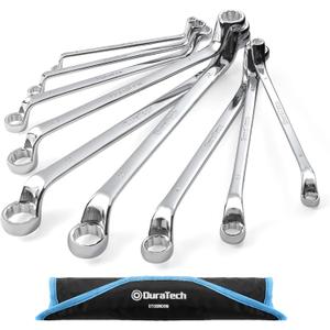 DURATECH Offset Box Wrench Set, Metric, 9-Piece, 6-23mm, 75-Degree, CR-V Steel, Organized in Rolling Pouch (Chrome-plated)