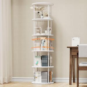 5 Tier Rotating Bookshelf, 360  Display Stackable Spinning Bookshelf Tower, Corner Bookshelf Tall Floor Standing Swivel Bookcase Narrow Storage Organizer for Bedroom, Living Room, White