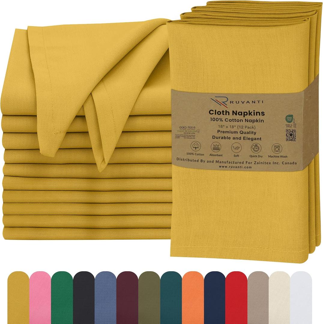 Ruvanti Cloth Napkins Set of 12, 18x18 Inches, 100% Cotton, Washable, Soft & Absorbent, Perfect for Wedding, Christmas, Thanksgiving Dinners - Spicy Mustard