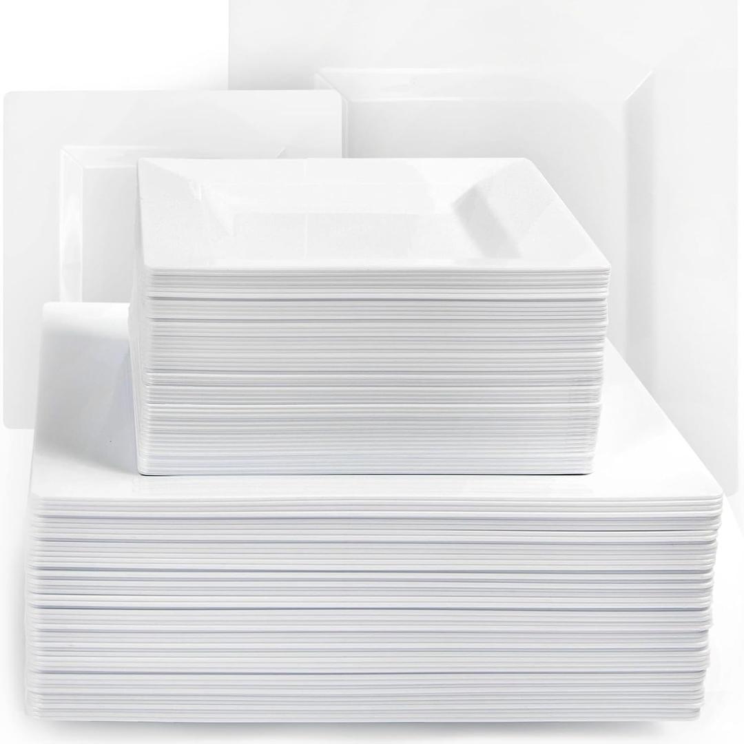 Aya's Cutlery Kingdom 100 Square Plastic Plates - Heavy Duty Disposable Plates - Includes 50 Dinner Plates (10-Inch) and 50 Salad Appetizer Plates (7-Inch) - Elegant White Party Plate for Holidays