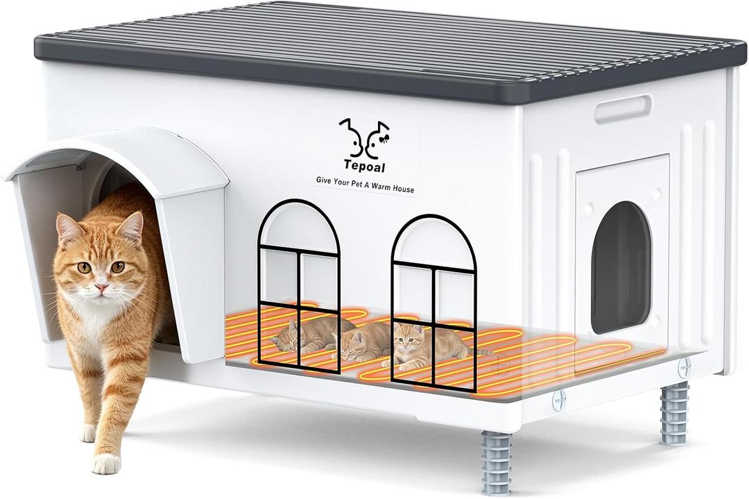 Extra Large Heated Cat House for Outside, Indestructible Heated Outdoor Cat House 100% Weatherproof with Escape Door, Highly Insulated Outdoor Cat Shelter for Multiple Cats. 25.6"x17"x17.8"