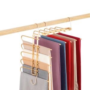 Pants Hangers Space Saving, Closet Hangers 5 Layers 2 Uses Multi Functional Pants Rack, Metal Heavy Duty Wardrobe Organizer Racks for Clothes Trousers Scarves Ties (Gold)