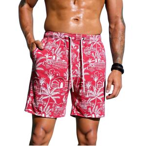 Verdusa Men's Leopard Swim Trunks Drawstring Waist Swimwear Summer Beach Shorts with Pockets Red XX-Large (Red, XXL)