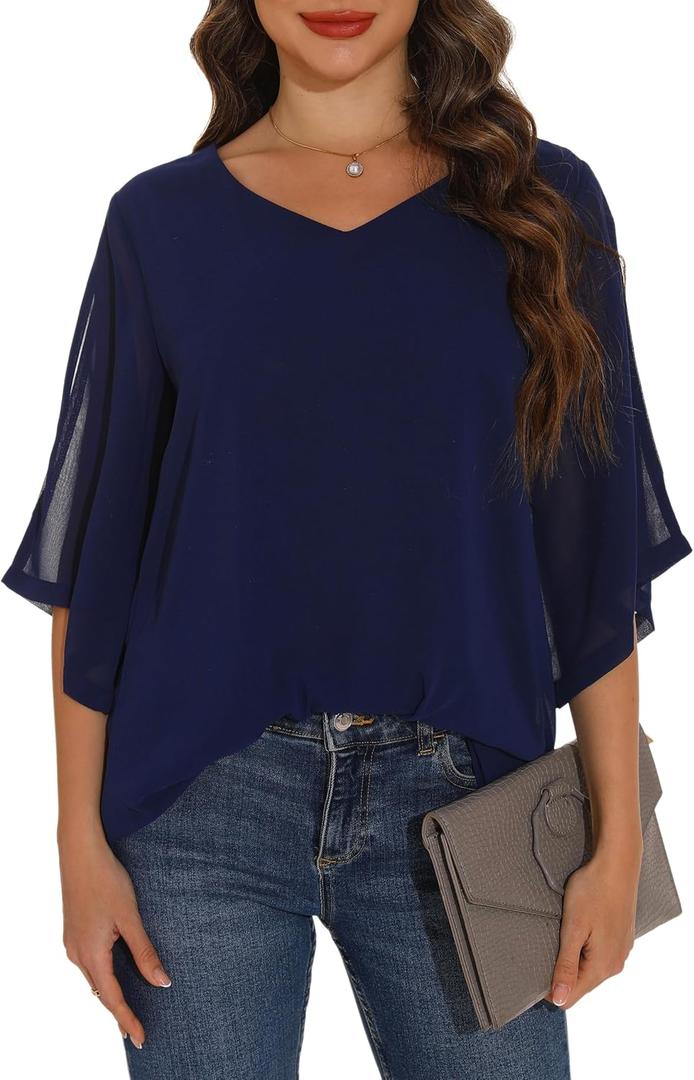 GUANYY Women Summer Casual V-Neck 3/4 Sleeve Chiffon Blouses Loose Tunic Long Flowy Sheer Dressy Tops Navy Blue Medium (Blue, M)