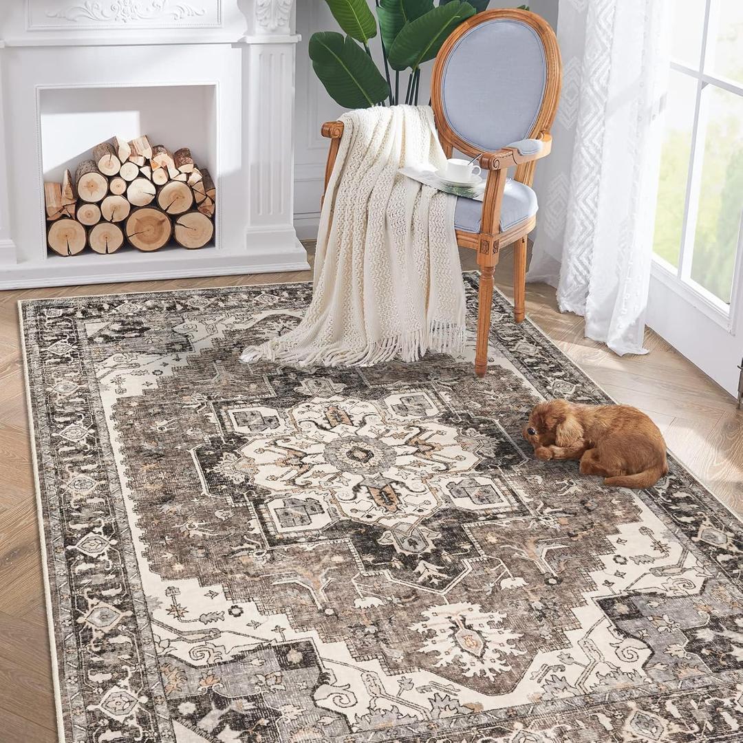 Vintage Area Rug 5x8 Rugs, Machine Washable Vintage Area Rug Non-Slip Low Pile Large Rug for Living Room, Bedroom, Farmhouse, Dining Room, (Blue)