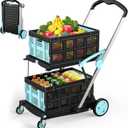 Collapsible Shopping Cart with Wheels, 200 lbs Foldable Shopping Cart with 2 Storage Crate, Multi Use Functional Grocery Cart with Foot Brake for Groceries/Office/Warehouse/Supermarket, Blue