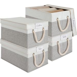 LoforHoney Home Fabric Storage Bins with Lids for Organizing, Foldable Closet Storage Boxes for Shelves, Clothes Baskets with Cotton Rope Handles, Large, Beige & Gray, 4-Pack