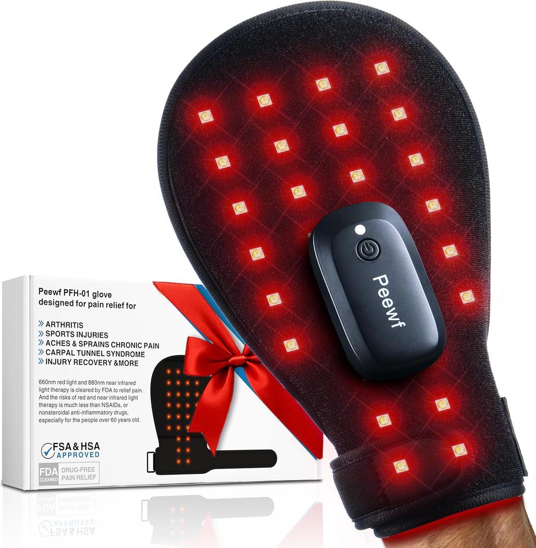 Peewf Wireless Red Light Therapy Glove for Hands 660nm & 880nm Near-Infrared | Pain Relief for Arthritis, Carpal Tunnel, Sore Muscles | 30 LEDs | Breathable | Auto Shut-Off