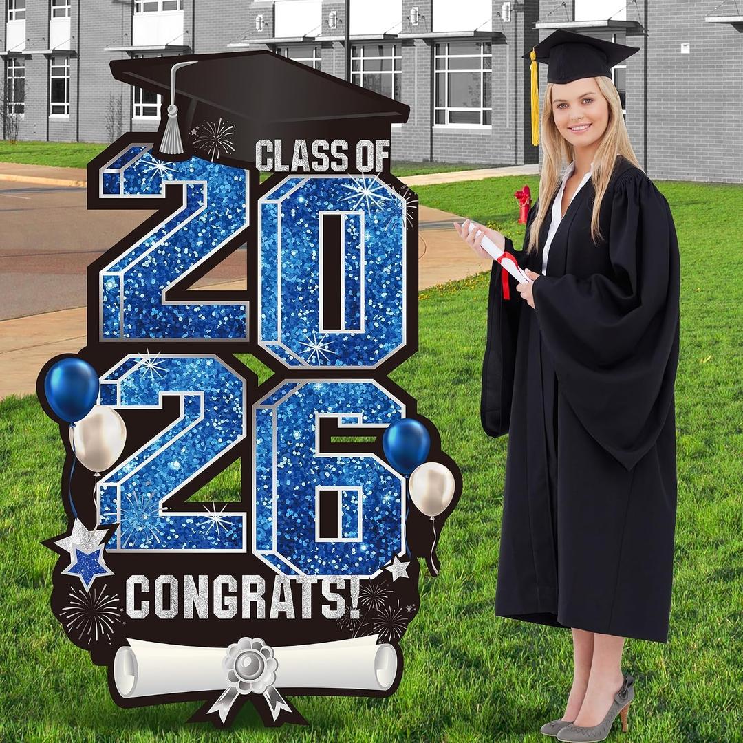 2026 Extra Large 47.2 Inch Graduation Yard Sign Congrats Grad Lawn Decor Class of 2026 DIY Name Yard Sign with Metal Stakes for College High School Grad Outdoor Party Supplies, Blue