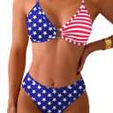 Tainehs Women's Two Piece Bikini Sets O Ring Front Top Ditsy Floral Triangle Swimsuits Cheeky Bathing Suit American Flag XL