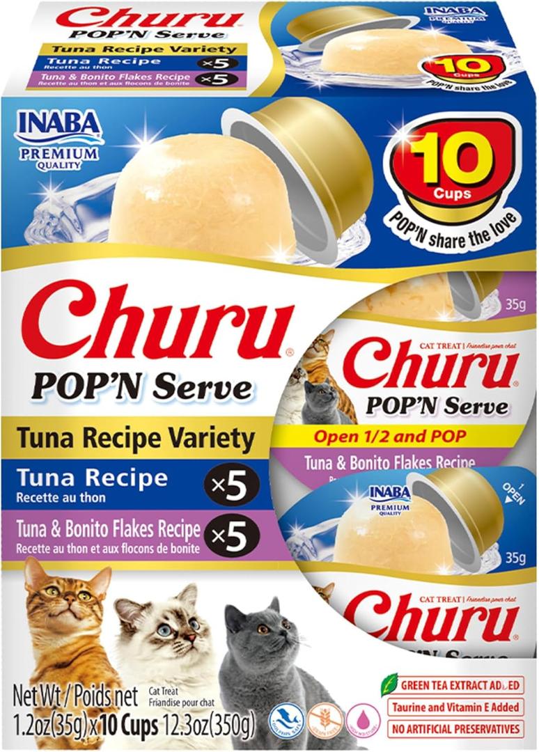 INABA Churu Pop'N Serve Jelly Cat Treat with Vitamin E & Taurine, 1.2 Ounce Cup, 10 Cups, Tuna Variety