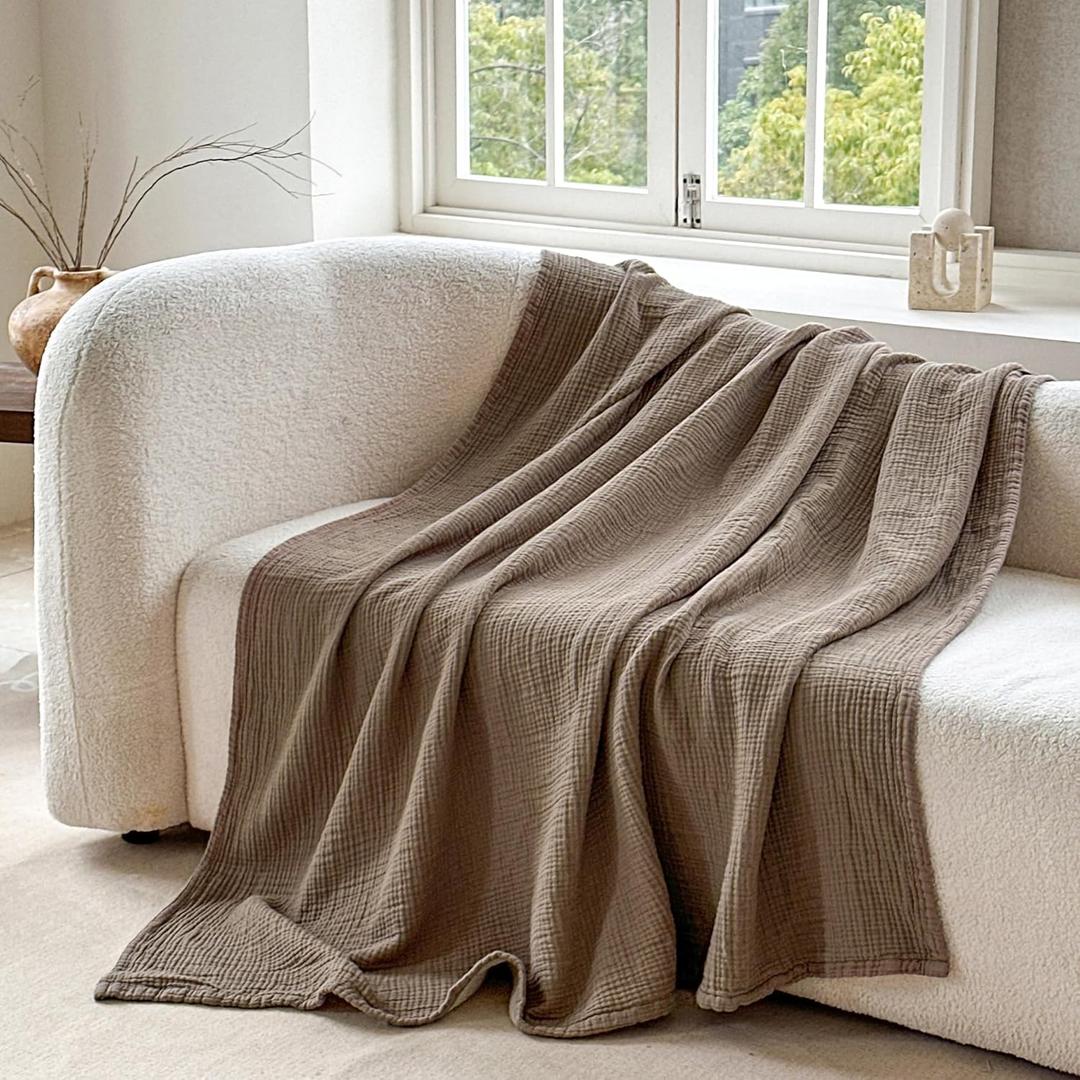 FALUCA Cotton Muslin Reversible Blanket Queen Size for Bed, Couch, Four Layers Blanket, Soft Lightweight Cozy Breathable Farmhouse Decoration for All-Season, Brown