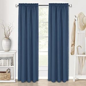 ACHIM Kendal Rod Pocket Window Curtain 1 Panel - 52 Width, 84 Length, 1.5 Inch Rod Pocket - Blue/White - Soft Light Filtering Fabric with Shell Stitch Embroidery & Machine Washable Home Decor