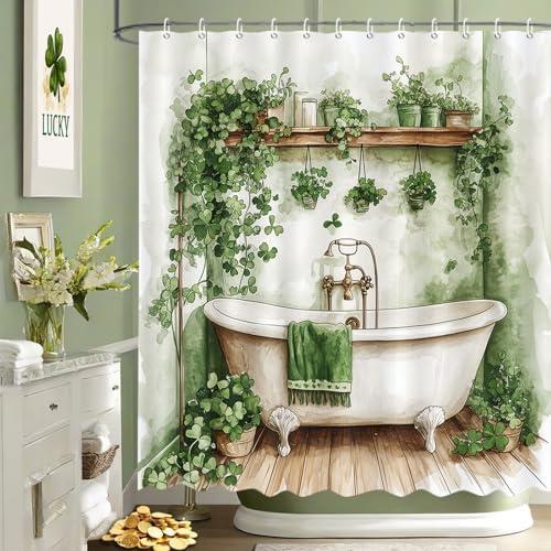 MEHOFOND St. Patrick's Day Shower Curtain Green St Patrick Shower Curtain for Bathroom Lucky Shamrock Bathroom Decor Irish Clover Farmhouse Bathtub Decor Fabric Waterproof Bath Curtain 72x72 Inch