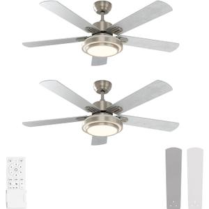 warmiplanet Ceiling Fans with Lights and Remote Control, 52 Inch, 6 Speeds Reversible DC Motor, 3 Color Dimmable Light, Timer, Noiseless, Brushed Nickel, 5 Blades, 2 Pack