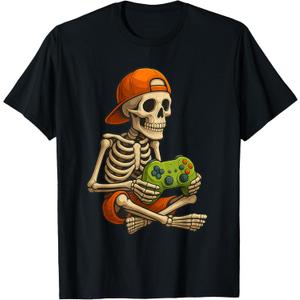 Gamer Halloween  Video Game Skeleton with Controller T-Shirt (Black)