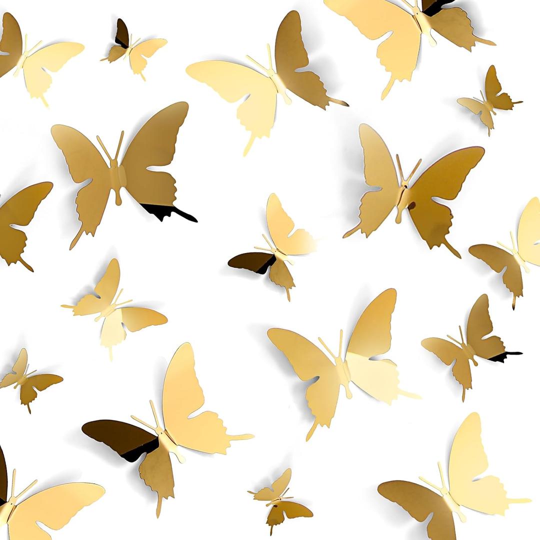 Ferraycle 48 Pieces Metal Butterfly Wall Decor, 3 Sizes 5.9", 3.94", 2.36" 3D Flying Butterfly for Wall Room Bedroom Living Room Decorations, Wedding Birthday Party Home DIY Art Decor (Gold)