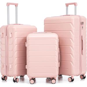 Hardside Luggage Sets, Lightweight Stripes Suitcase with Spinner Wheels, Pink-220