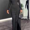 Vakkest Elegant Long Sleeve Dresses for Women Sexy Ruched Irregular Ruffle Split Party Maxi Dress Bodycon Evening Gowns (Black, XL)