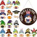 Qunclay Interchangeable Wooden Gnome Decor Holiday Seasonal Gnome Decorations with Magnet Pieces and Detachable Hats Changeable Welcome Sign for Home (Elegant Style)