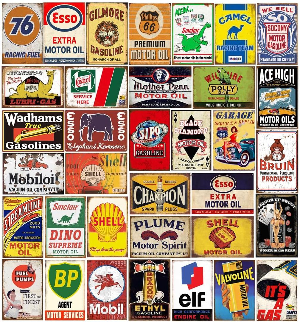 Reproduced Vintage Tin Sign Pack, Gas Oil Retro Advert Antique Metal Signs for Garage Man Cave Bar Kitchen, Nostalgic Car Decor, 8x12 Inch (31 Pieces B)