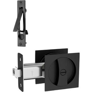 Pocket Door Hardware Black, Pocket Door Lock with Pull, Pocket Door Latch, Matte Black Contemporary Pocket Door Privacy Lock(1 Pack, Square)