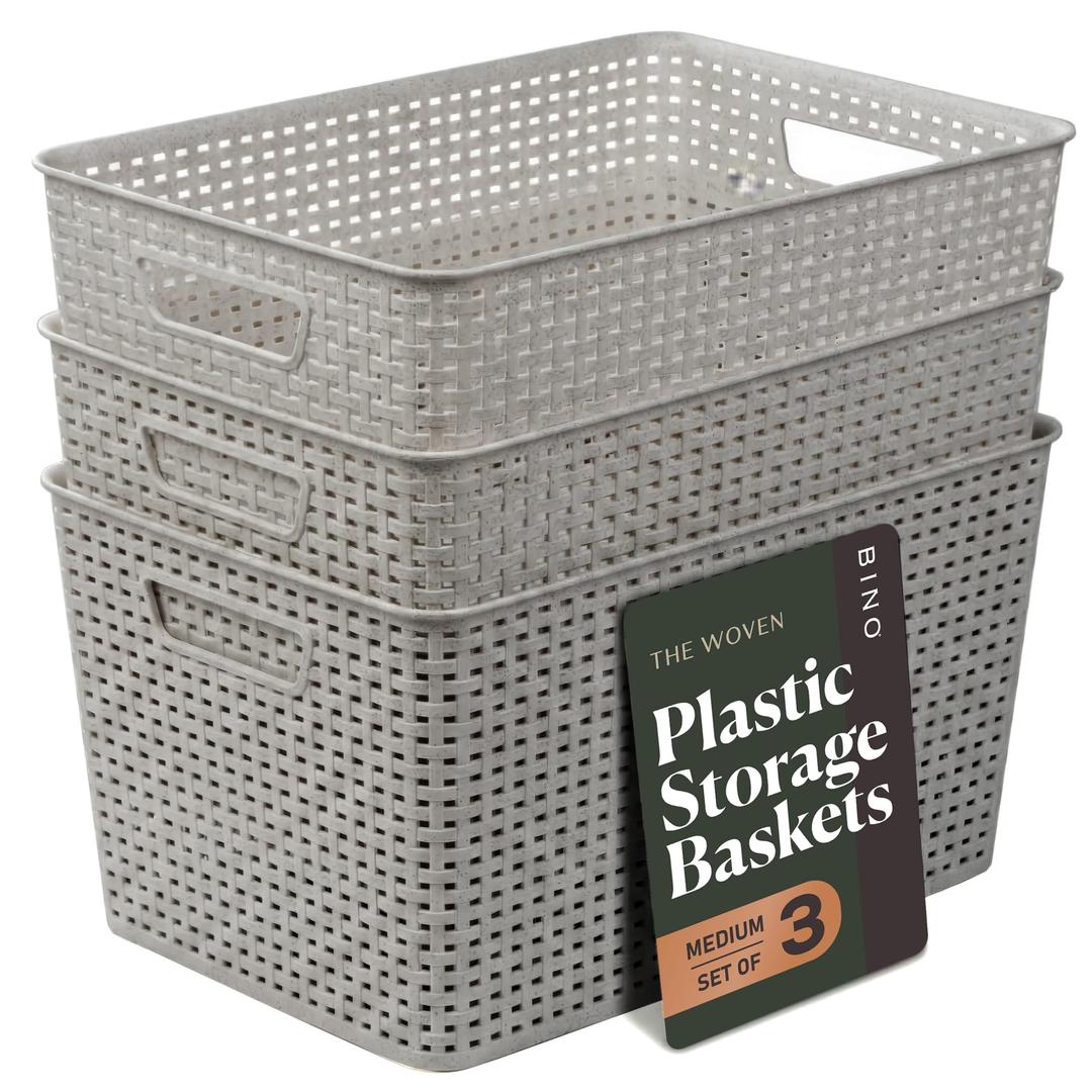 BINO | Plastic Storage Baskets, 22 Liter - 3 Pack, Natural Grey | THE WOVEN COLLECTION | Storage Basket for Shelves | Woven Storage Baskets for Organizing Bins | Pantry Shelf Organizer | Container Bin