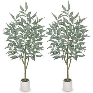 2 Packs Eucalyptus Trees Artificial Indoor - 4FT Tall Faux Eucalyptus Plants in White Planter, Fake Plant Décor for Farmhouse Bedroom Office Room Hallway Decoration