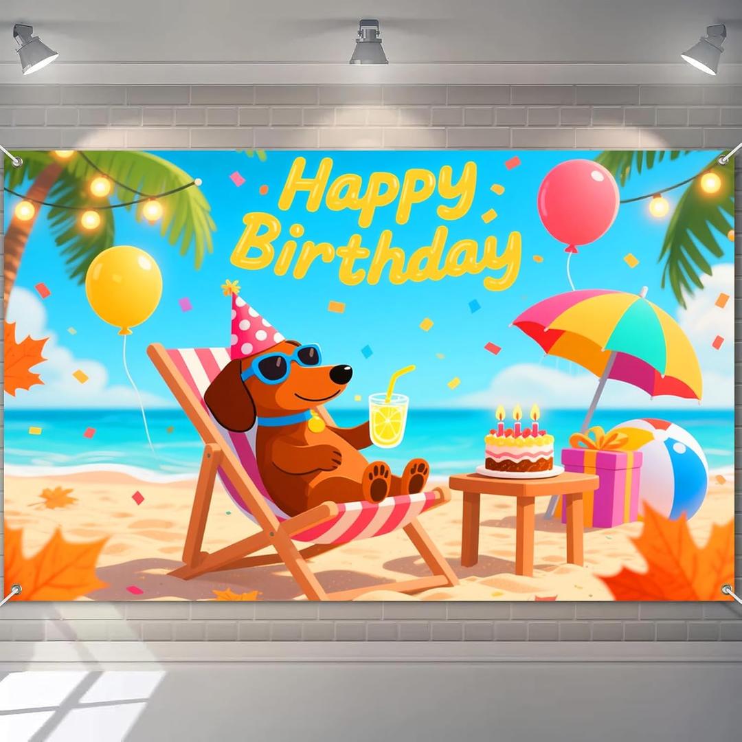 Happy Birthday Banner Beach with Dachshund Dog Decration for Tropical Birthday Party Summer Dog Themed Celebration Hawaiian Event Decor Supplies Photography Background 71x43 Inch
