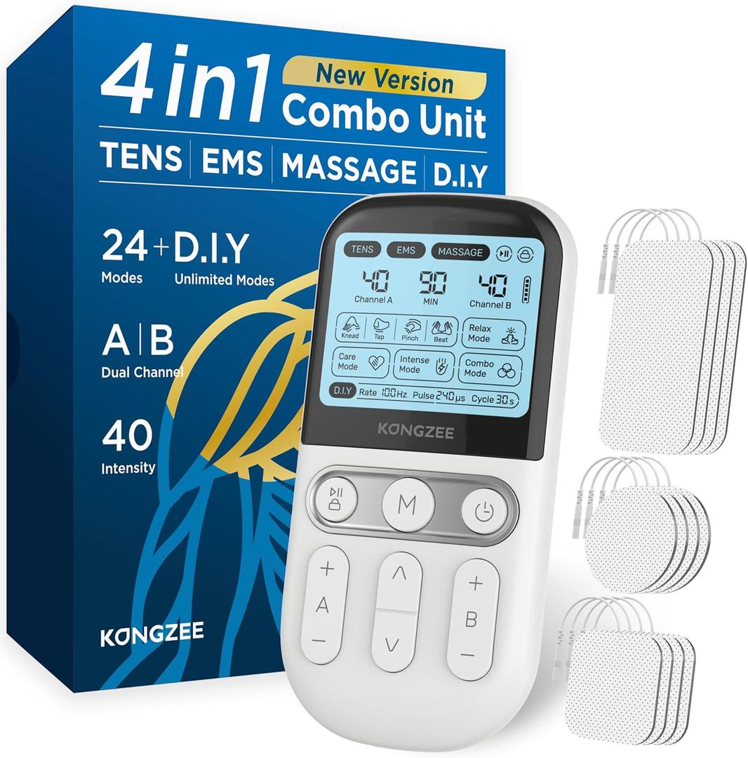 4 in 1 - D.I.Y & Tens Unit & EMS & Massage Muscle Stimulator, Dual Channel TENS Units Therapy Machine for Pain Relief, FDA Cleared Rechargeable Electronic Pulse Massager, with 12pcs Electrode Pads