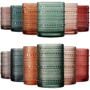 Khen Hobnail Beaded Highball Drinking Tumbler Glasses | Set of 12 | Color, Vintage Bubble Design Whiskey Glassware, Old-Fashioned, Embossed Design for Water, Wine, Cocktail Embossed, Rocks Glass