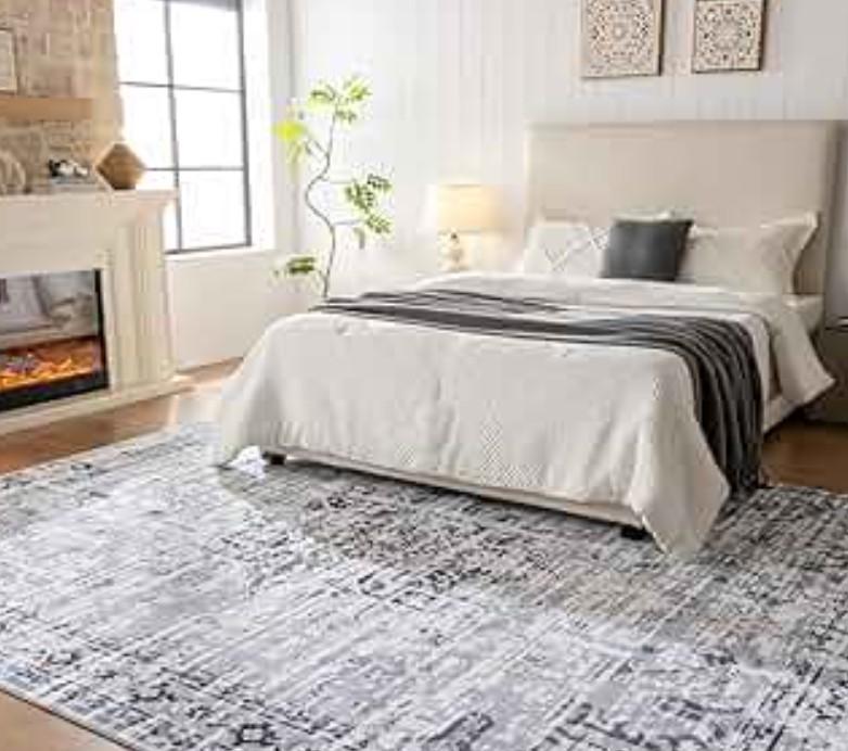QOTIB 8x10 Washable Area Rug Vintage Distressed, Low Pile Large Rug with Non Slip Backing & Reinforced Edges, Ultra Soft Foldable Indoor Carpet for Living Room, Bedroom, Dining Room, Office, Grey